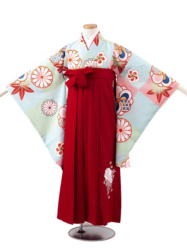 小学校卒業式かんたん袴（女の子） ベビーブルー ねじり梅 菊 A024