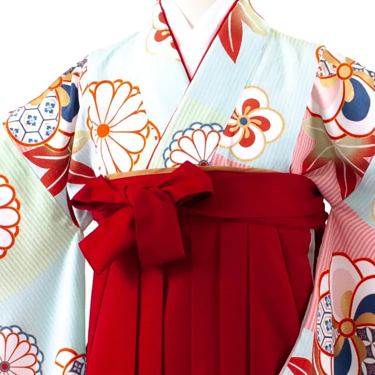小学校卒業式かんたん袴（女の子） ベビーブルー ねじり梅 菊 A024
