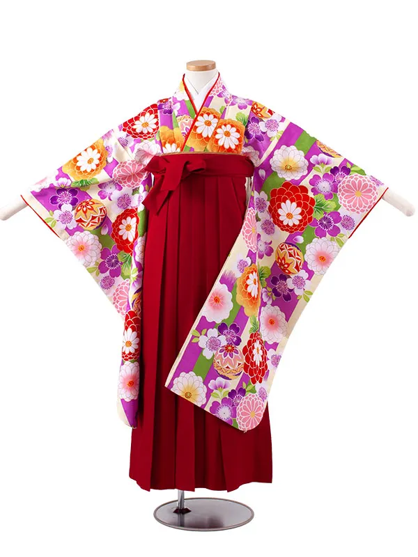 小学校卒業式かんたん袴（女の子） 紫×クリーム ストライプ 鞠菊 A025