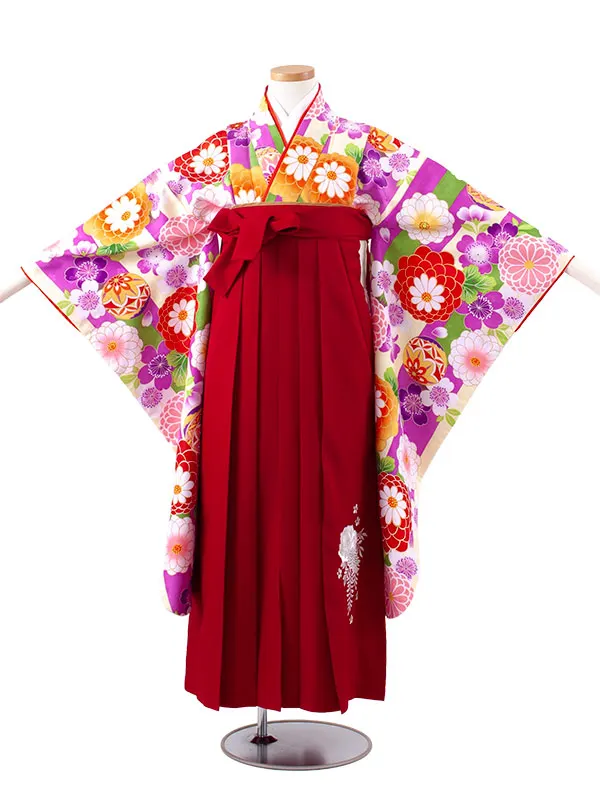 小学校卒業式かんたん袴（女の子） 紫×クリーム ストライプ 鞠菊 A025