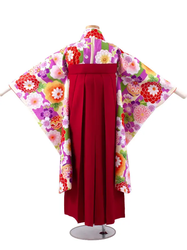 小学校卒業式かんたん袴（女の子） 紫×クリーム ストライプ 鞠菊 A025