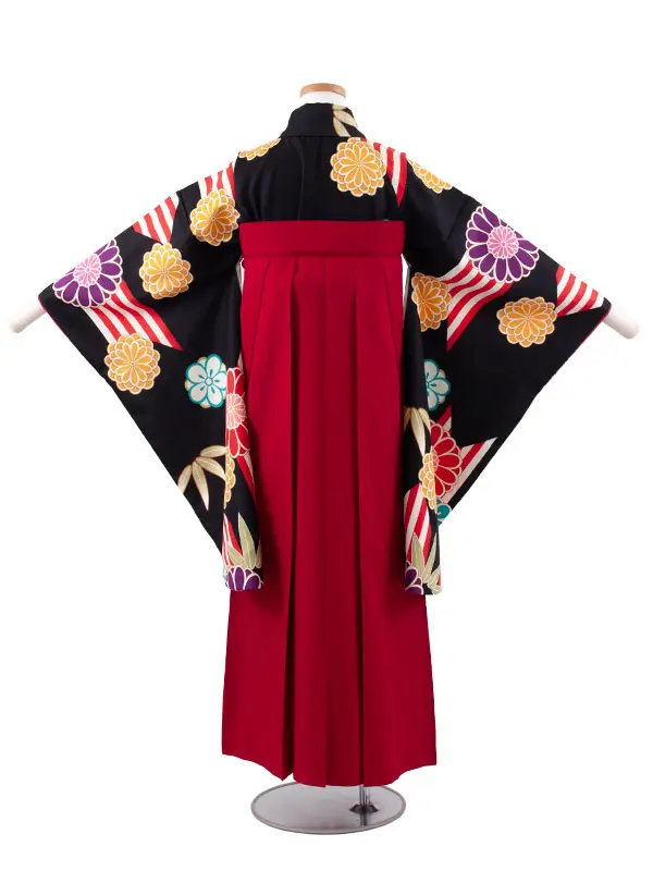 小学校卒業式かんたん袴（女の子） 黒地 菊梅 A027