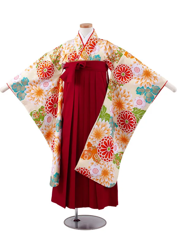 小学校卒業式かんたん袴（女の子） 薄イエロー 菊桜 A028