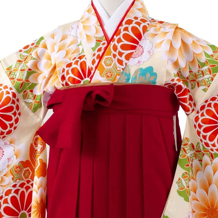 小学校卒業式かんたん袴（女の子） 薄イエロー 菊桜 A028