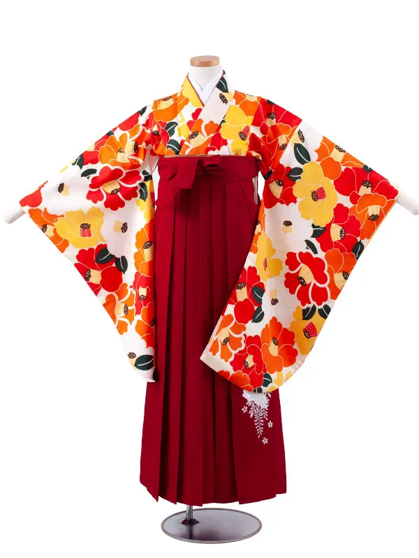 小学校卒業式かんたん袴（女の子） アイボリー 椿 A029