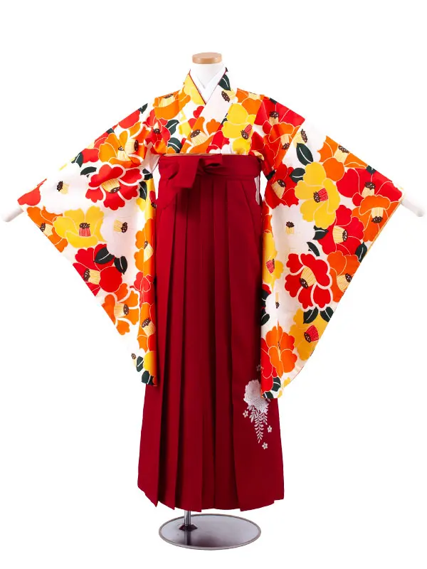 小学校卒業式かんたん袴（女の子） アイボリー 椿 A029