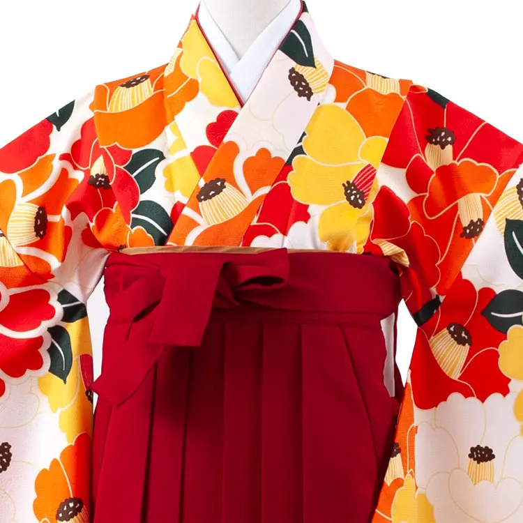 小学校卒業式かんたん袴（女の子） アイボリー 椿 A029