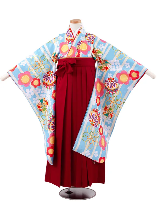 小学校卒業式かんたん袴（女の子） 空色×アイボリー ストライプ 鞠梅 A030