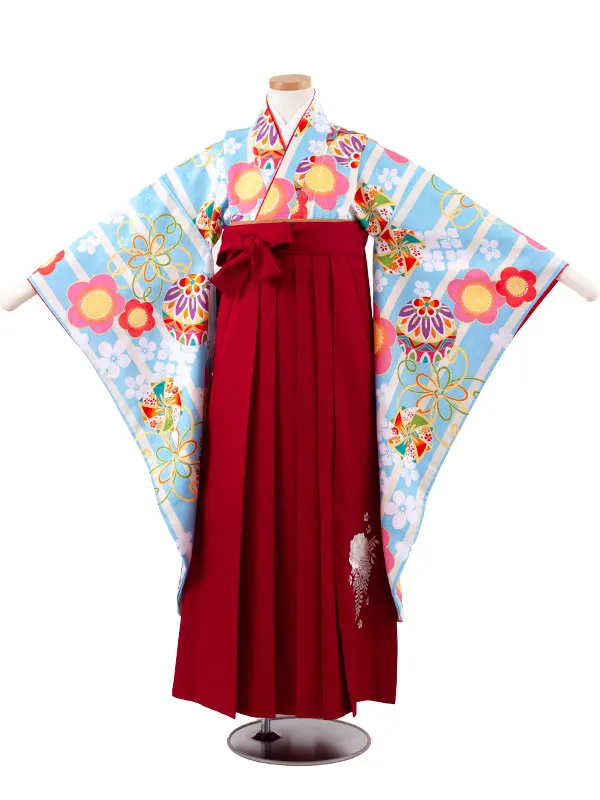 小学校卒業式かんたん袴（女の子） 空色×アイボリー ストライプ 鞠梅 A030