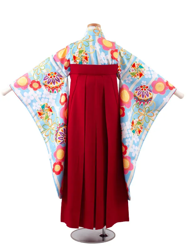 小学校卒業式かんたん袴（女の子） 空色×アイボリー ストライプ 鞠梅 A030