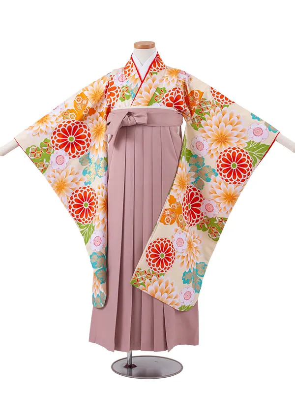 小学校卒業式かんたん袴（女の子） 薄イエロー 菊桜 A031