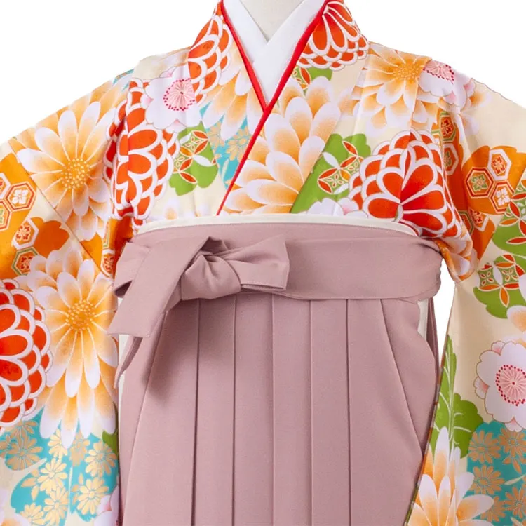 小学校卒業式かんたん袴（女の子） 薄イエロー 菊桜 A031