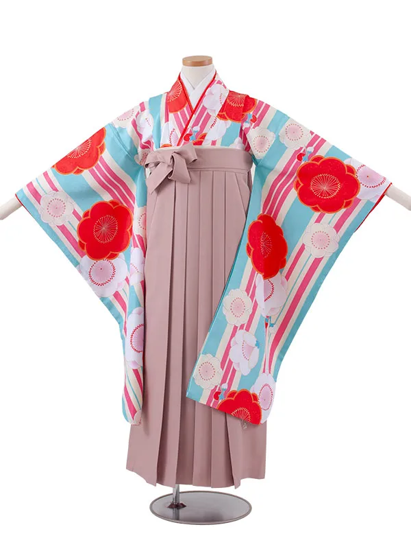 小学校卒業式かんたん袴（女の子） 空色 ストライプ 梅 A032