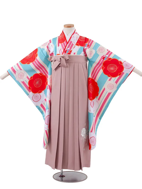 小学校卒業式かんたん袴（女の子） 空色 ストライプ 梅 A032