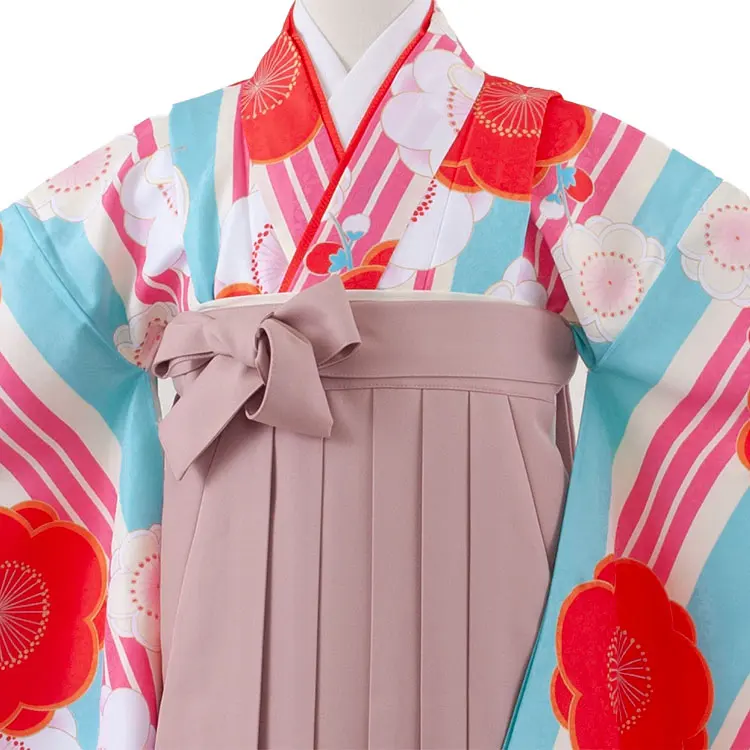 小学校卒業式かんたん袴（女の子） 空色 ストライプ 梅 A032