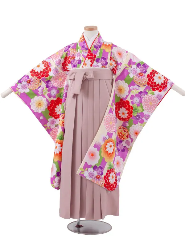 小学校卒業式かんたん袴（女の子） 紫×クリーム ストライプ 鞠菊 A033