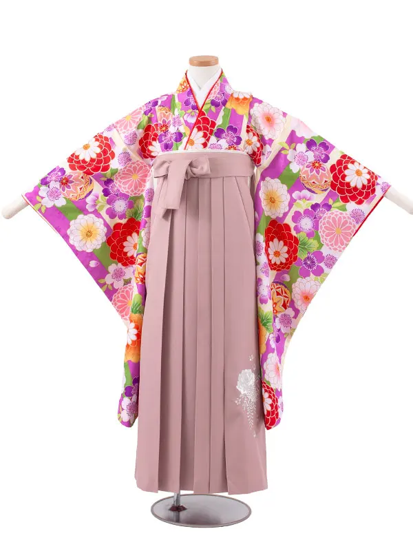 小学校卒業式かんたん袴（女の子） 紫×クリーム ストライプ 鞠菊 A033