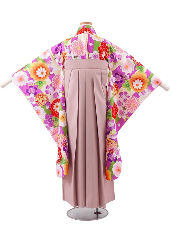 小学校卒業式かんたん袴（女の子） 紫×クリーム ストライプ 鞠菊 A033