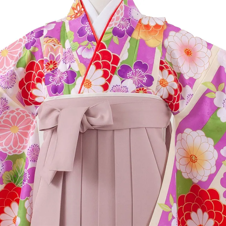 小学校卒業式かんたん袴（女の子） 紫×クリーム ストライプ 鞠菊 A033