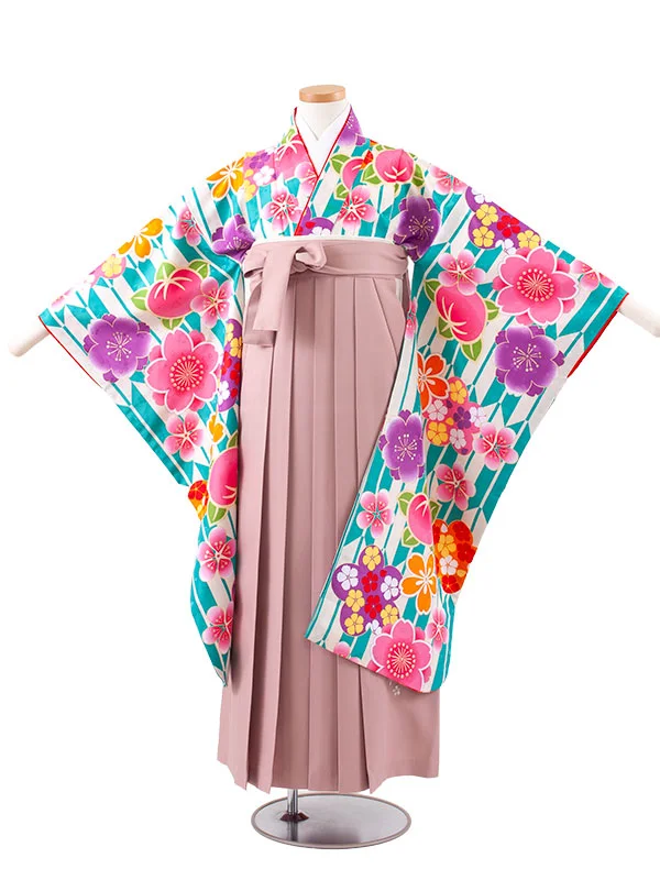 小学校卒業式かんたん袴（女の子） ナイルブルー 矢絣 桜 A034