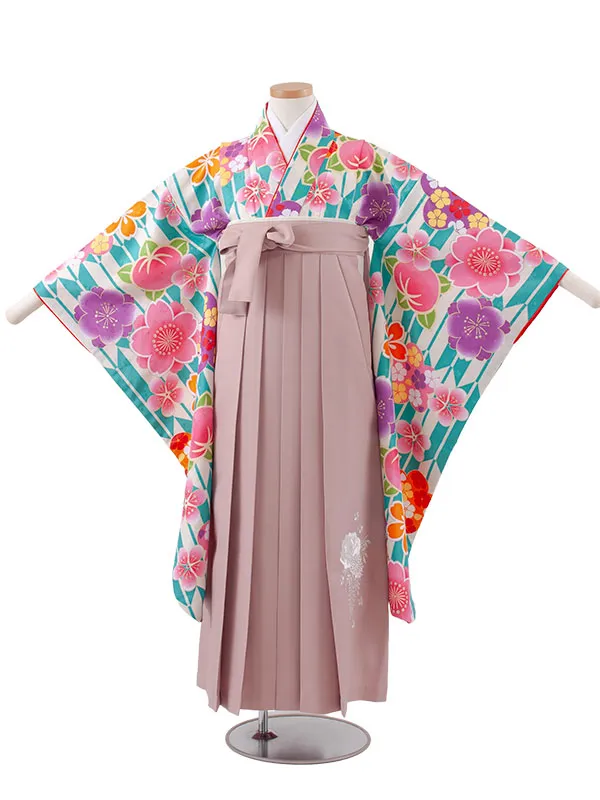 小学校卒業式かんたん袴（女の子） ナイルブルー 矢絣 桜 A034