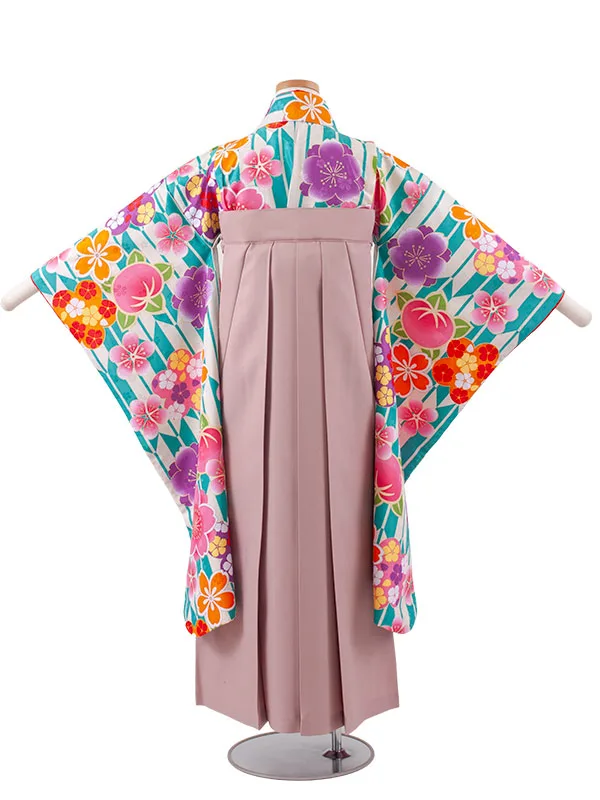 小学校卒業式かんたん袴（女の子） ナイルブルー 矢絣 桜 A034