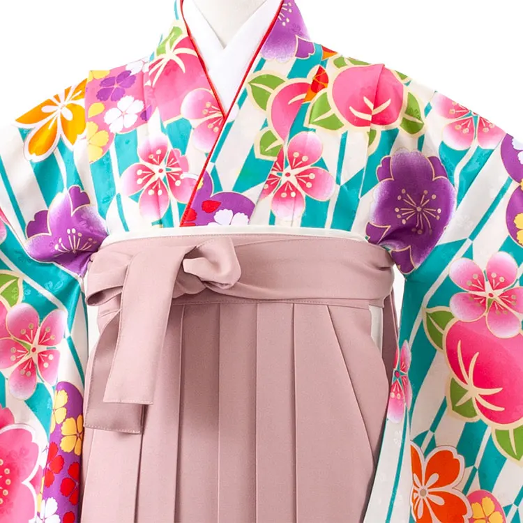 小学校卒業式かんたん袴（女の子） ナイルブルー 矢絣 桜 A034