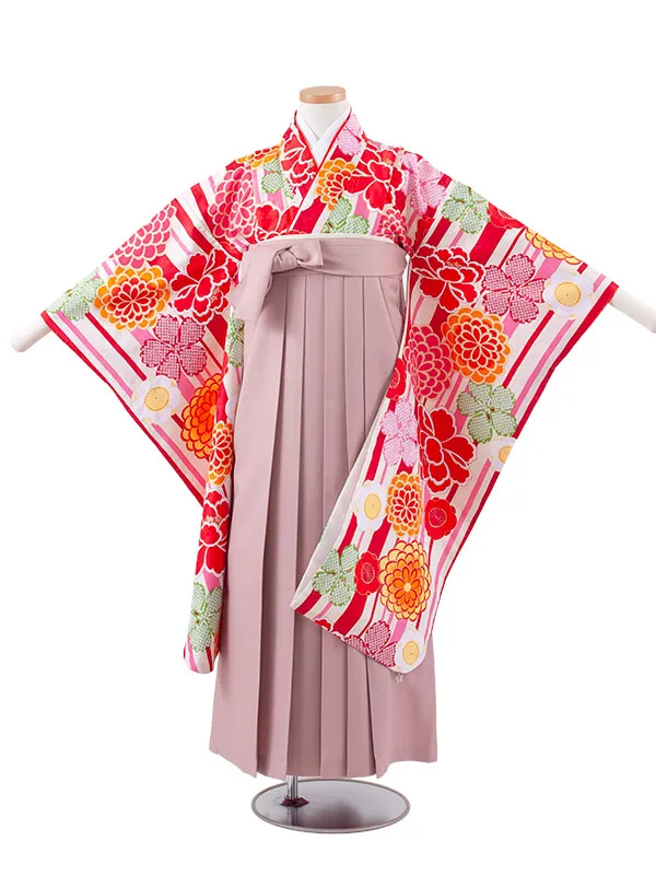 小学校卒業式かんたん袴（女の子） 赤×アイボリー ストライプ 牡丹 菊 A035