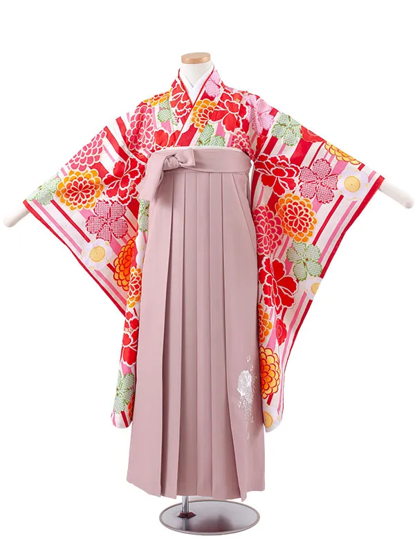 小学校卒業式かんたん袴（女の子） 赤×アイボリー ストライプ 牡丹 菊 A035