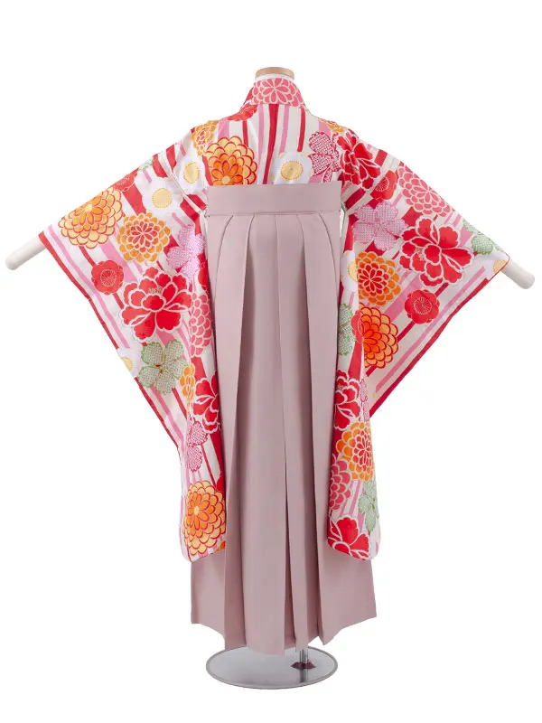 小学校卒業式かんたん袴（女の子） 赤×アイボリー ストライプ 牡丹 菊 A035