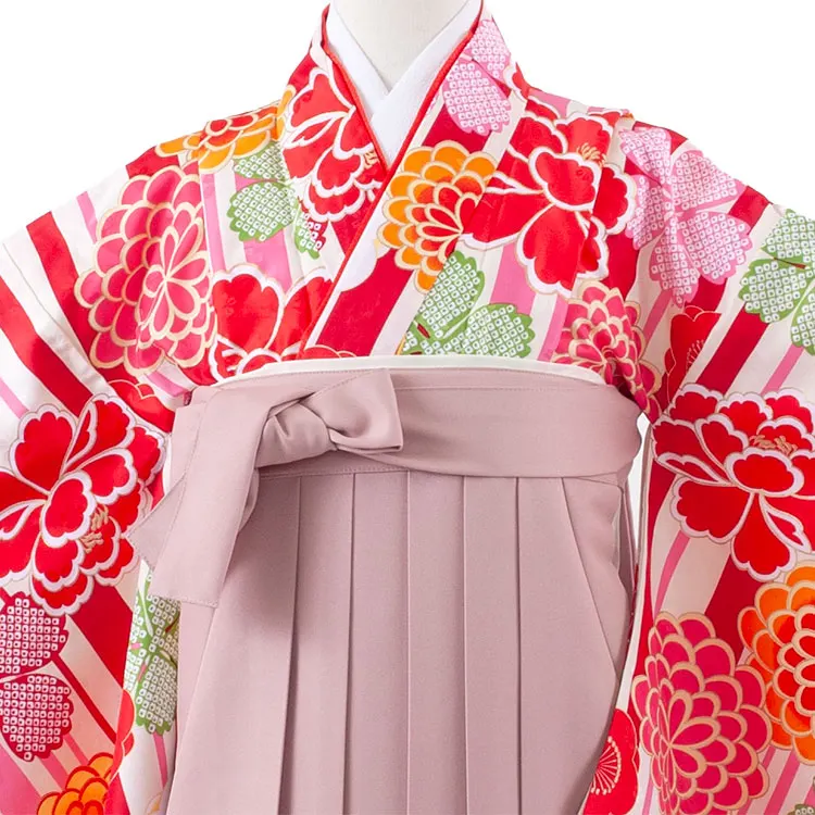 小学校卒業式かんたん袴（女の子） 赤×アイボリー ストライプ 牡丹 菊 A035