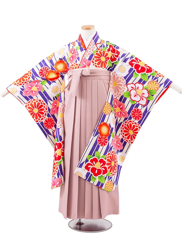 小学校卒業式かんたん袴（女の子） 青地 矢絣 椿菊 A036