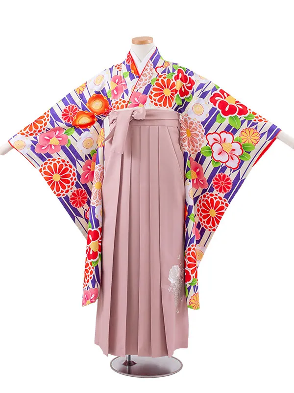 小学校卒業式かんたん袴（女の子） 青地 矢絣 椿菊 A036