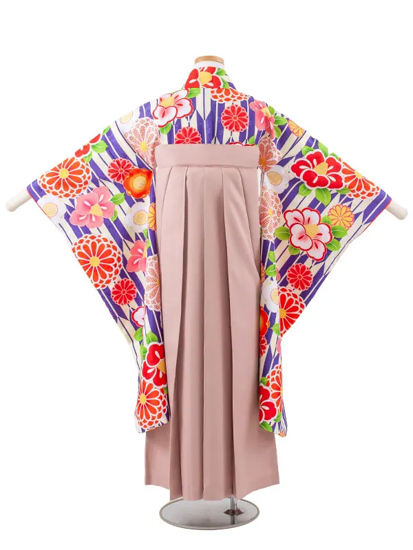 小学校卒業式かんたん袴（女の子） 青地 矢絣 椿菊 A036