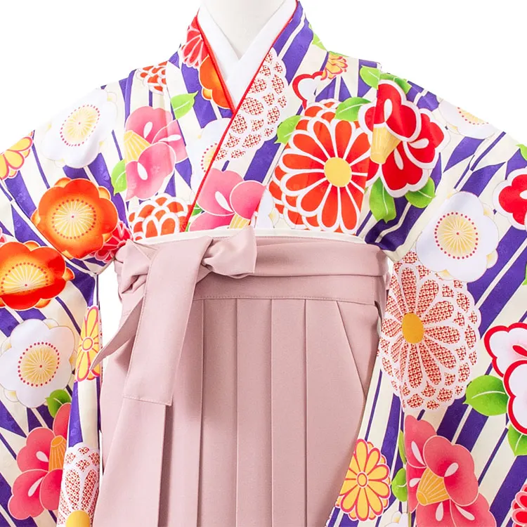 小学校卒業式かんたん袴（女の子） 青地 矢絣 椿菊 A036