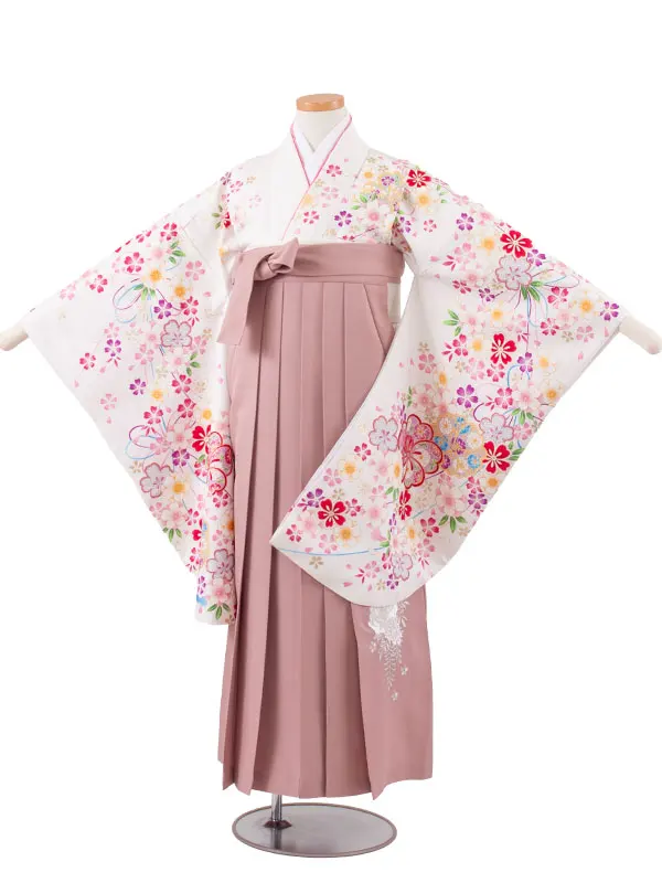 小学校卒業式かんたん袴（女の子） 白地 桜 A037