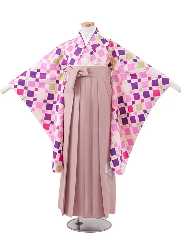 小学校卒業式かんたん袴（女の子） ベージュ 幾何学模様 A038