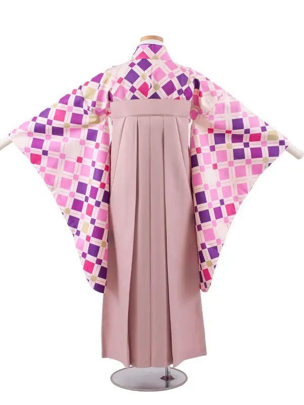 小学校卒業式かんたん袴（女の子） ベージュ 幾何学模様 A038