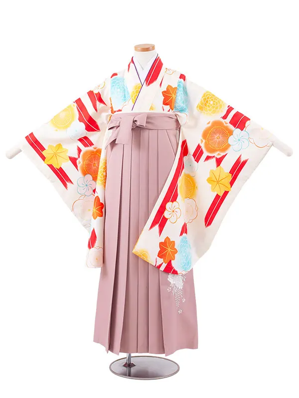 小学校卒業式かんたん袴（女の子） オフホワイト 矢絣 梅 A039