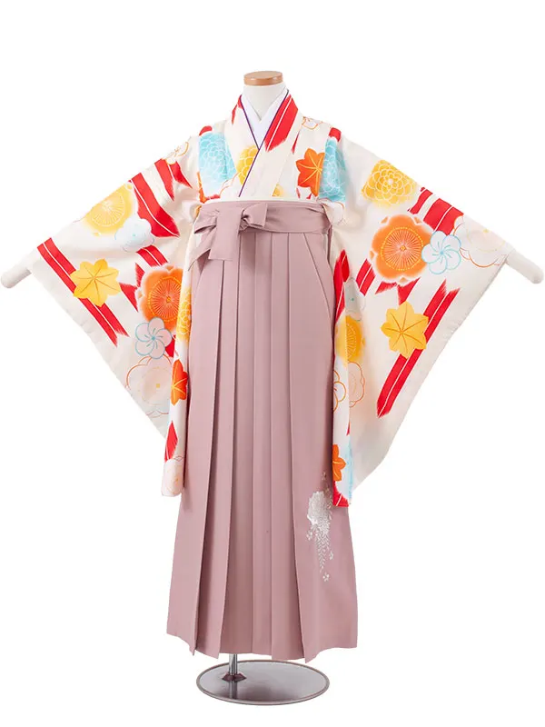 小学校卒業式かんたん袴（女の子） オフホワイト 矢絣 梅 A039