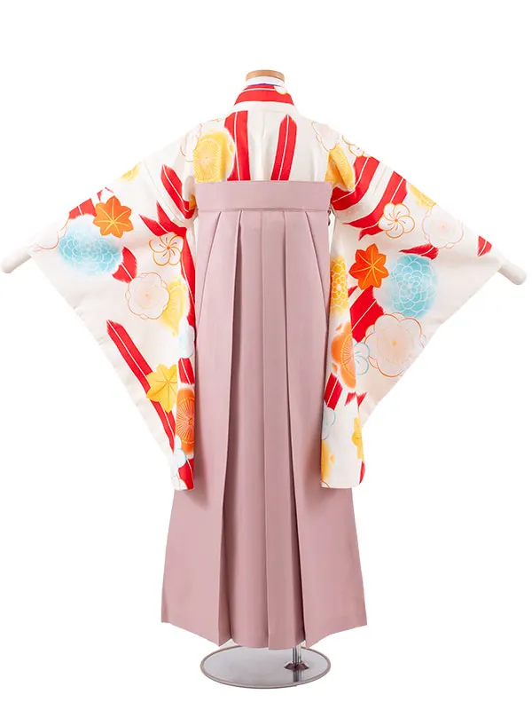 小学校卒業式かんたん袴（女の子） オフホワイト 矢絣 梅 A039