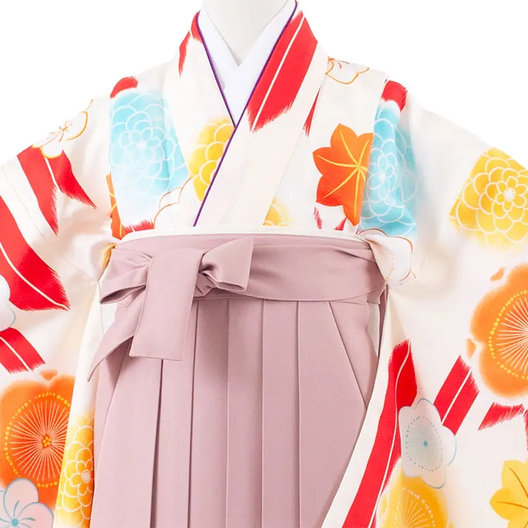 小学校卒業式かんたん袴（女の子） オフホワイト 矢絣 梅 A039