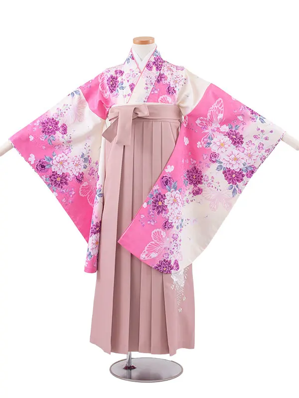 小学校卒業式かんたん袴（女の子） アイボリー×ピンク 蝶 A040