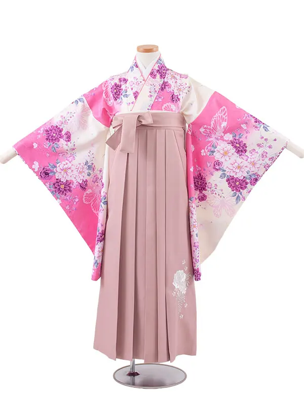 小学校卒業式かんたん袴（女の子） アイボリー×ピンク 蝶 A040