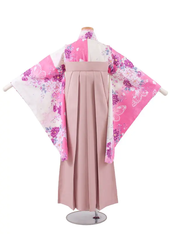 小学校卒業式かんたん袴（女の子） アイボリー×ピンク 蝶 A040