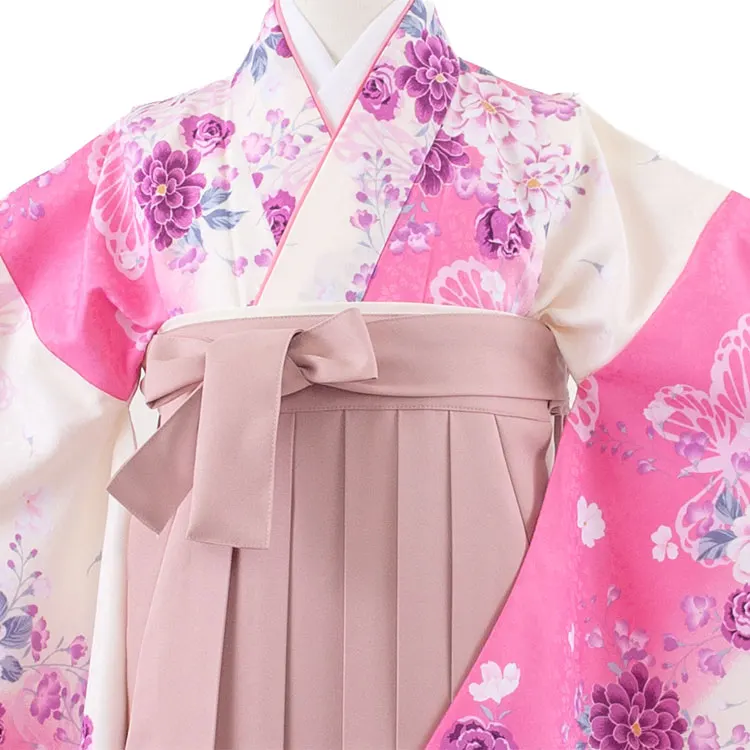 小学校卒業式かんたん袴（女の子） アイボリー×ピンク 蝶 A040