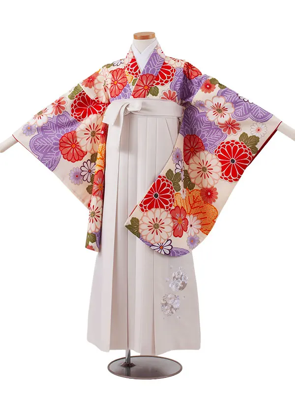 小学校卒業式かんたん袴（女の子） クリーム 菊 A041