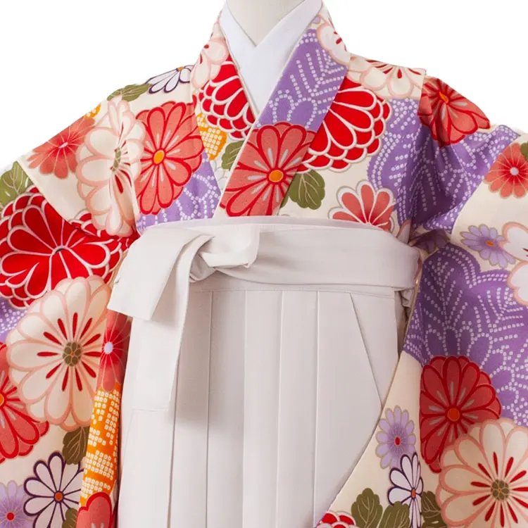 小学校卒業式かんたん袴（女の子） クリーム 菊 A041