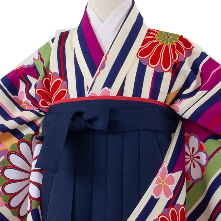 小学校卒業式かんたん袴（女の子） 青×クリームストライプ 菊 A047