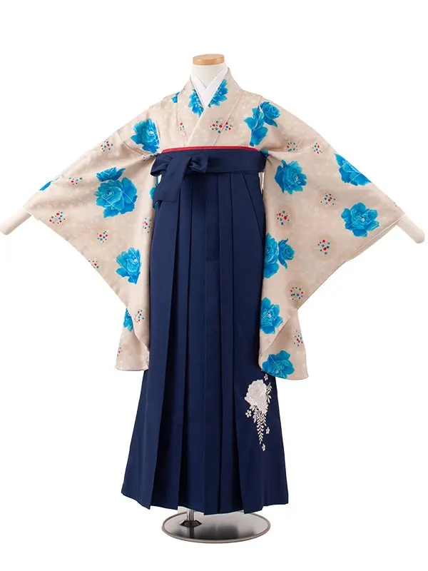 小学校卒業式かんたん袴（女の子） ベージュ 青薔薇 A076